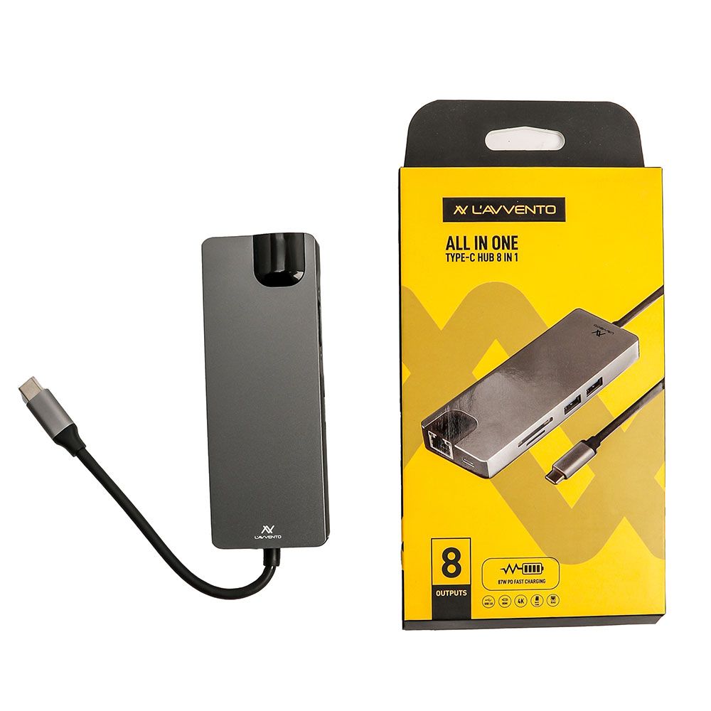 L'avvento Type-C Hub 8in 1, 2 USB 3.0, HDMI 4K, VGA, TF Card, RJ45, 87W PD Power Output