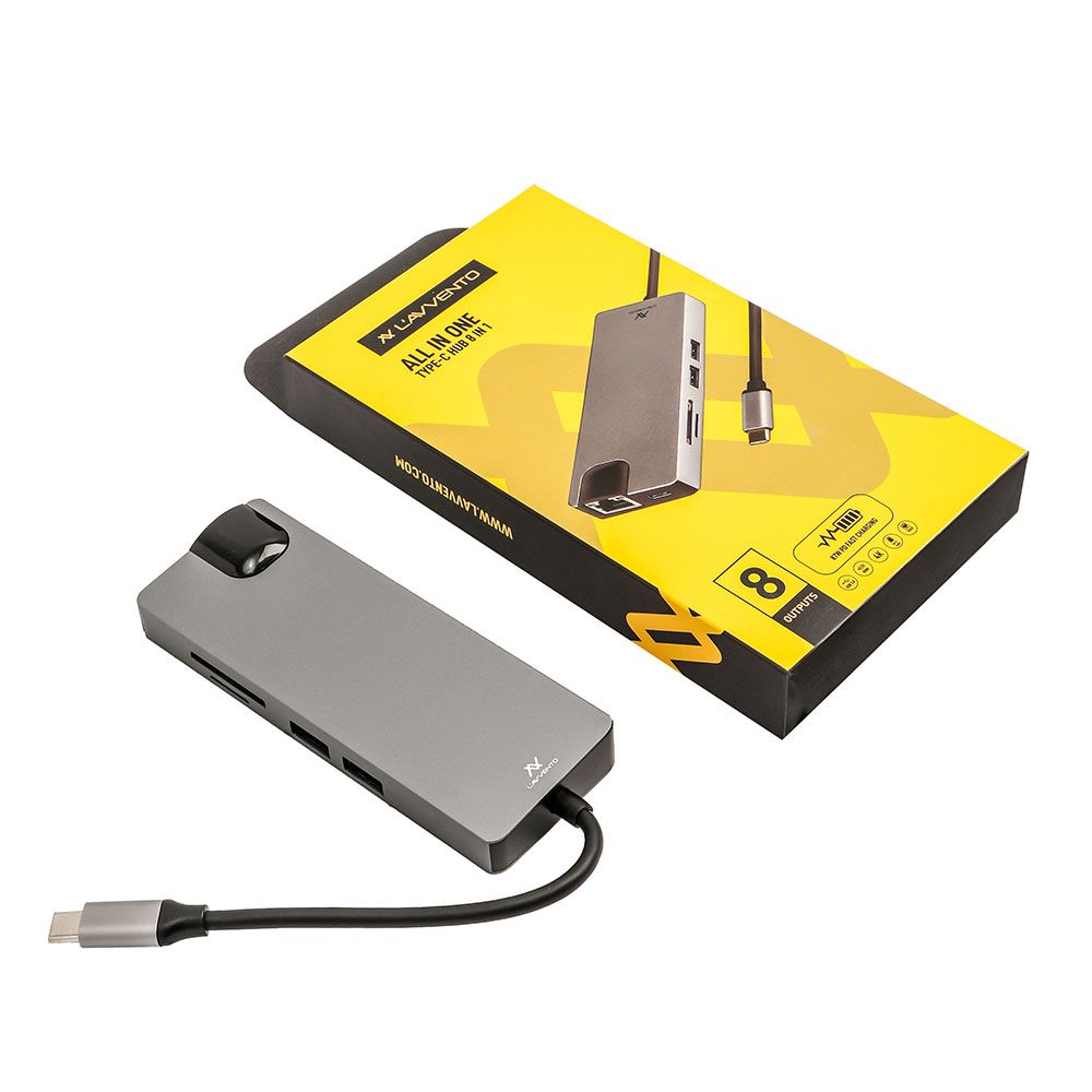 L'avvento Type-C Hub 8in 1, 2 USB 3.0, HDMI 4K, VGA, TF Card, RJ45, 87W PD Power Output